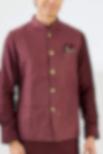 Burgundy Chanderi Silk Motif Printed Nehru Set by ARJAN DUGAL